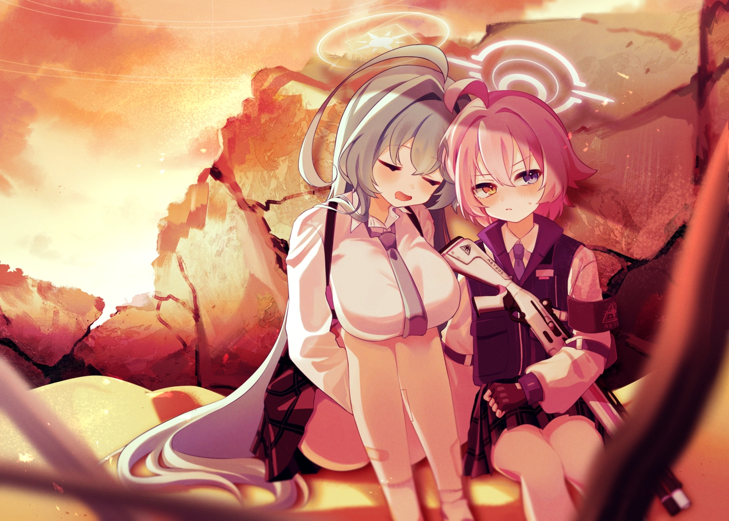 2girls, bandaid, bicolored_eyes, blue_archive, blush, breasts, clouds, gloves, gray_hair, gun, kuchinashi_yume, long_hair, nifuji, pink_hair, school_uniform, shirt, short_hair, skirt, sky, sleeping, socks, sunset, takanashi_hoshino, tie, weapon