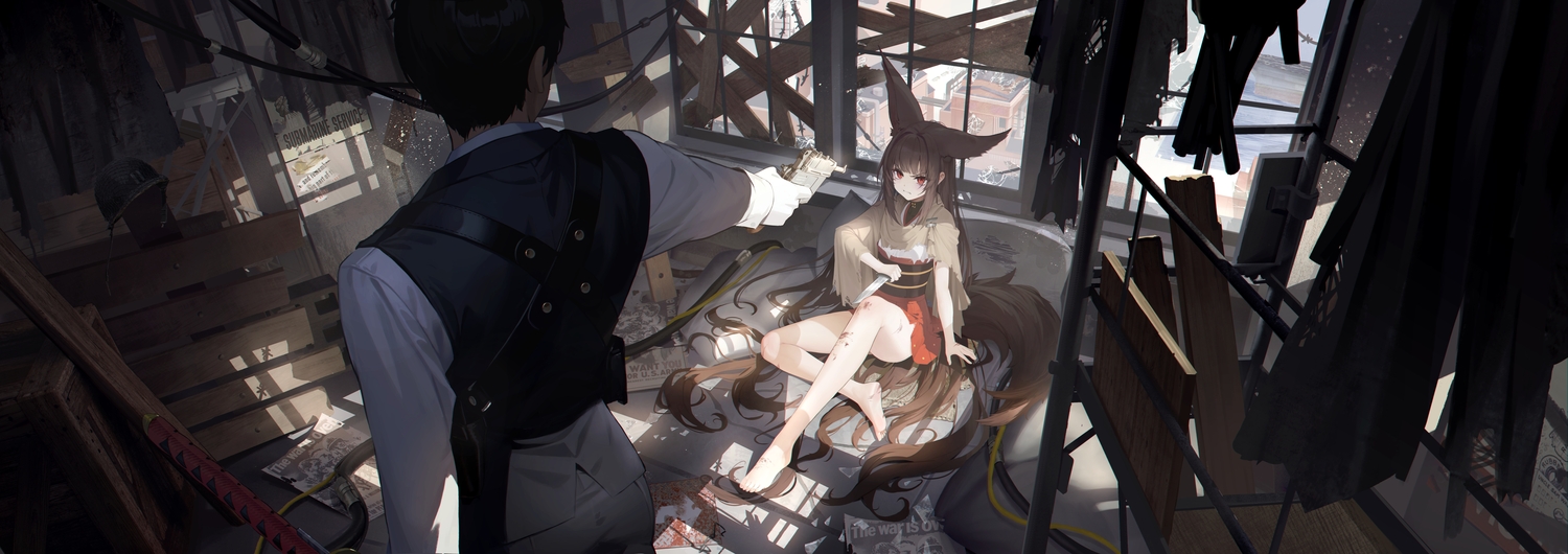 animal_ears, anthropomorphism, azur_lane, barefoot, black_hair, blood, brown_hair, cape
