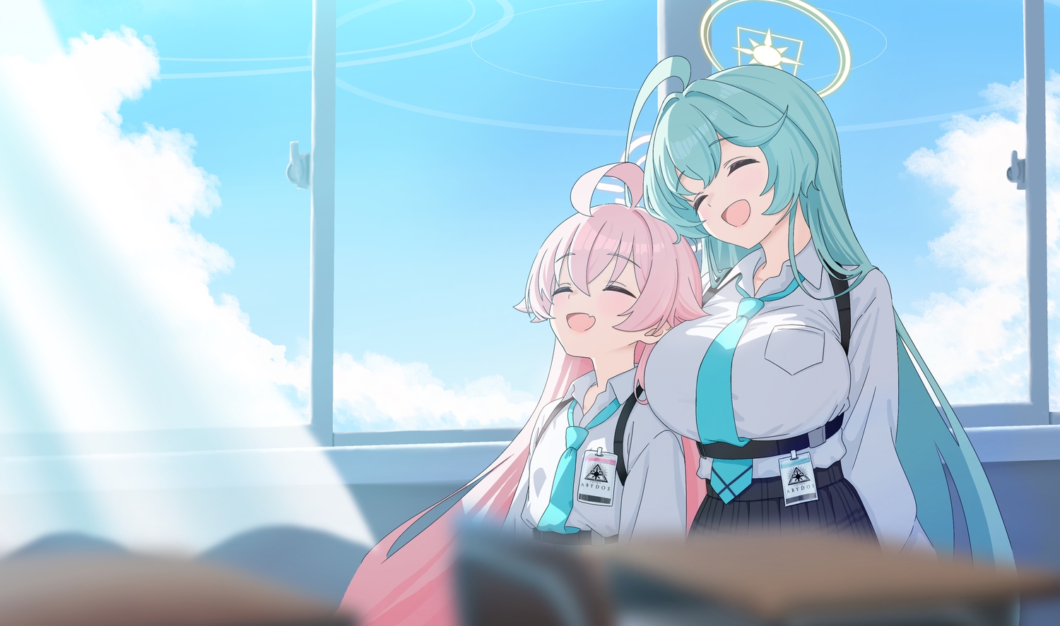2girls, aliasing, aqua_hair, blue_archive, clouds, fang, flat_chest, halo