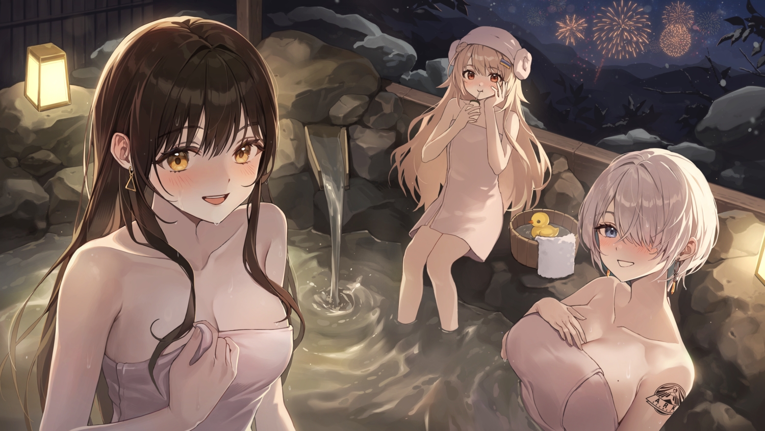 blonde_hair, blue_eyes, blush, breast_hold, breasts, brid_(nikke), brown_hair, cleavage