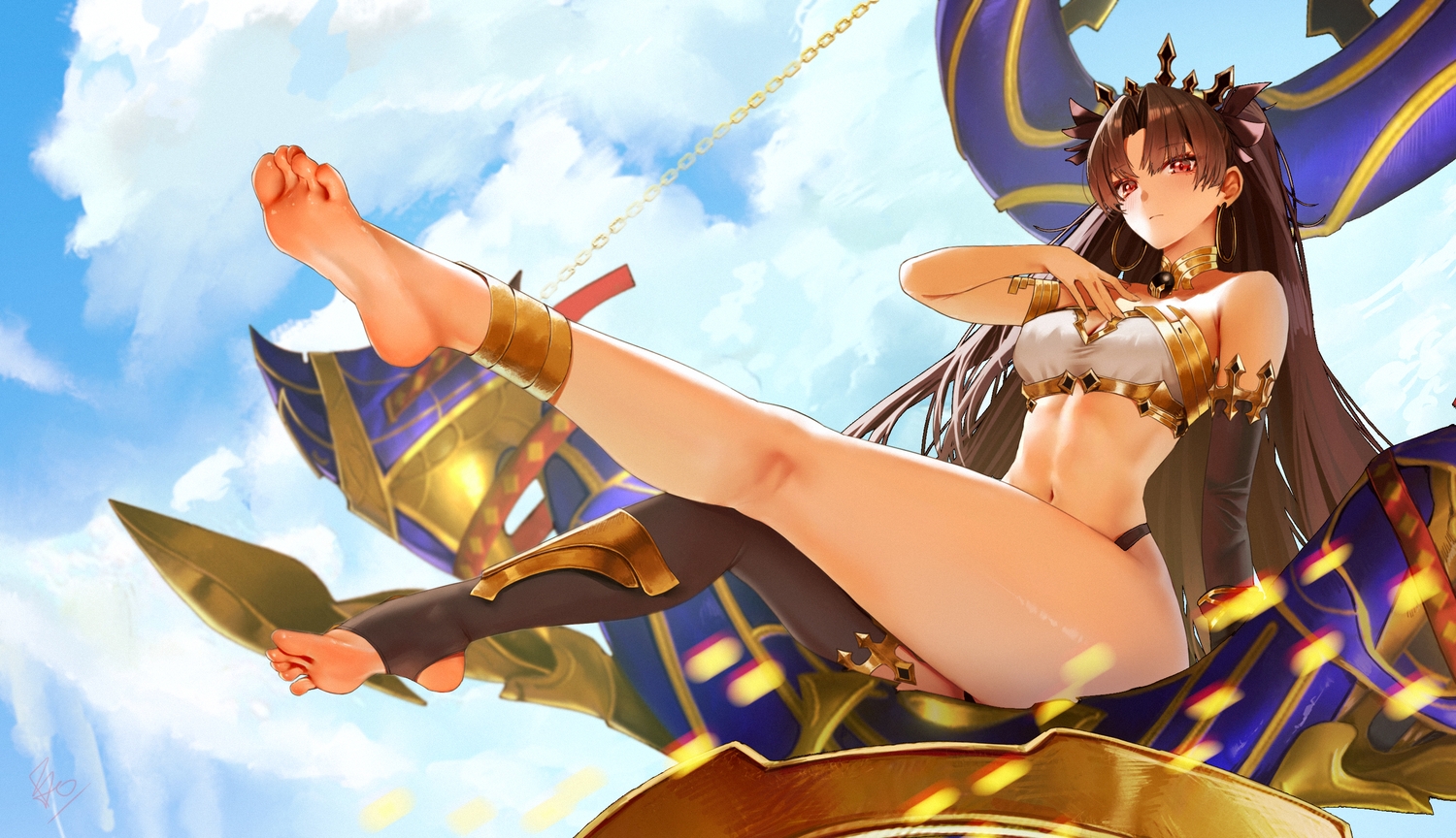 bao_(pixiv_99415611), barefoot, brown_hair, chain, clouds, fate/grand_order, fate_(series), ishtar_(fate/grand_order), long_hair, navel, panties, red_eyes, signed, sky, thighhighs, underwear