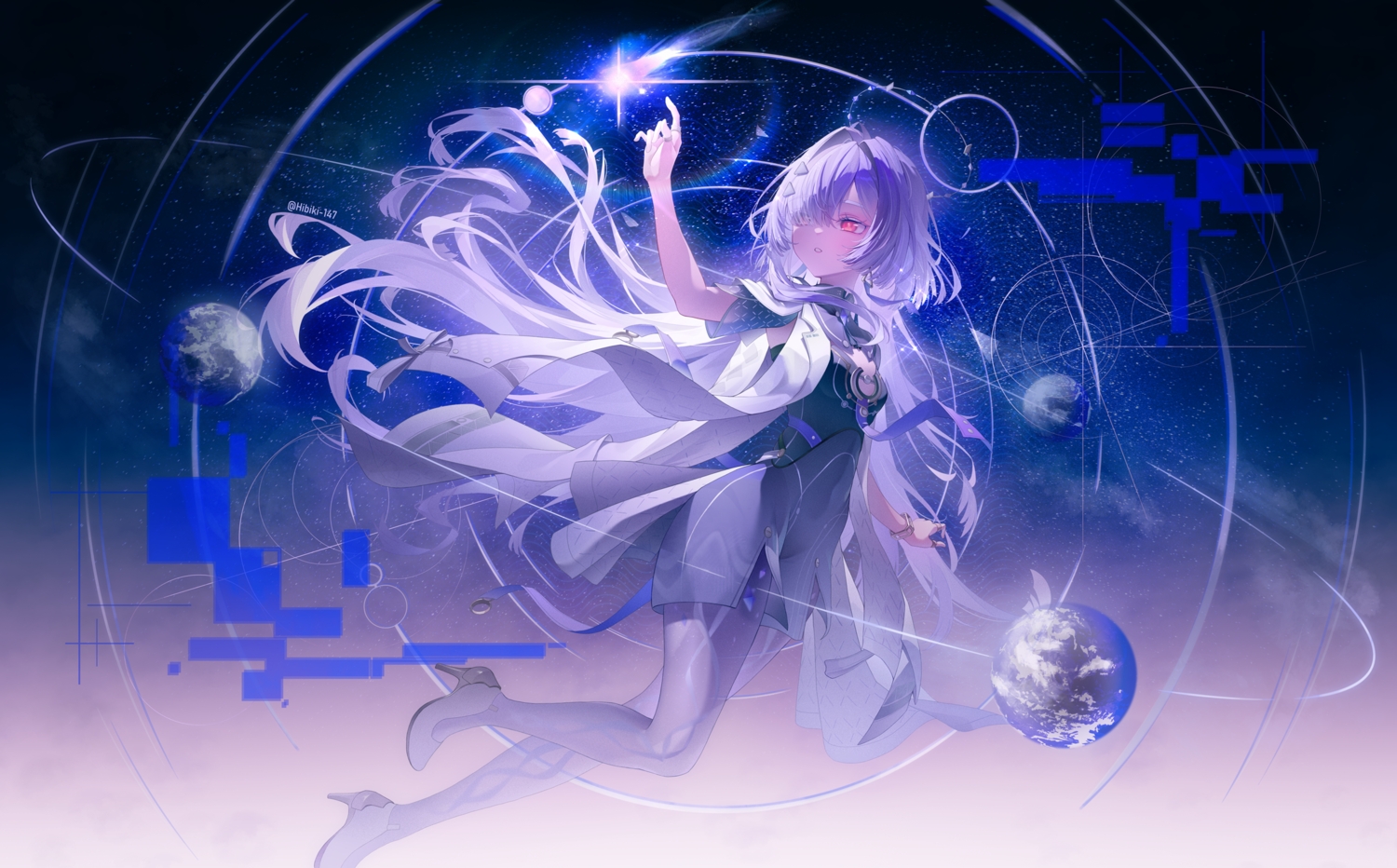dress, earth, gradient, gray_hair, hibiki-147, long_hair, mornye_(wuthering_waves), planet, red_eyes, stars, watermark, wuthering_waves