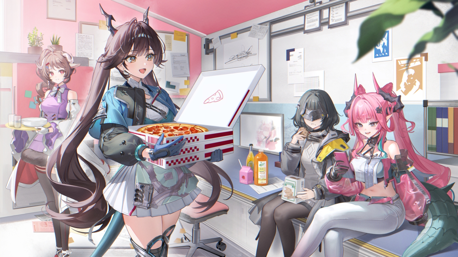 animal_ears, ardelia_(arknights), arknights, arknights:_endfield, black_hair, bow, brown_hair, chen_qianyu_(arknights), choker, computer, dress, drink, endministrator_(arknights), eyjafjalla_(arknights), food, garter, gloves, group, hood, horns, long_hair, mask, navel, pantyhose, paper, phone, pink_hair, pizza, pointed_ears, ponytail, red_eyes, rity, sheepgirl, short_hair, tail, thighhighs, twintails, yvonne_(arknights), zettai_ryouiki