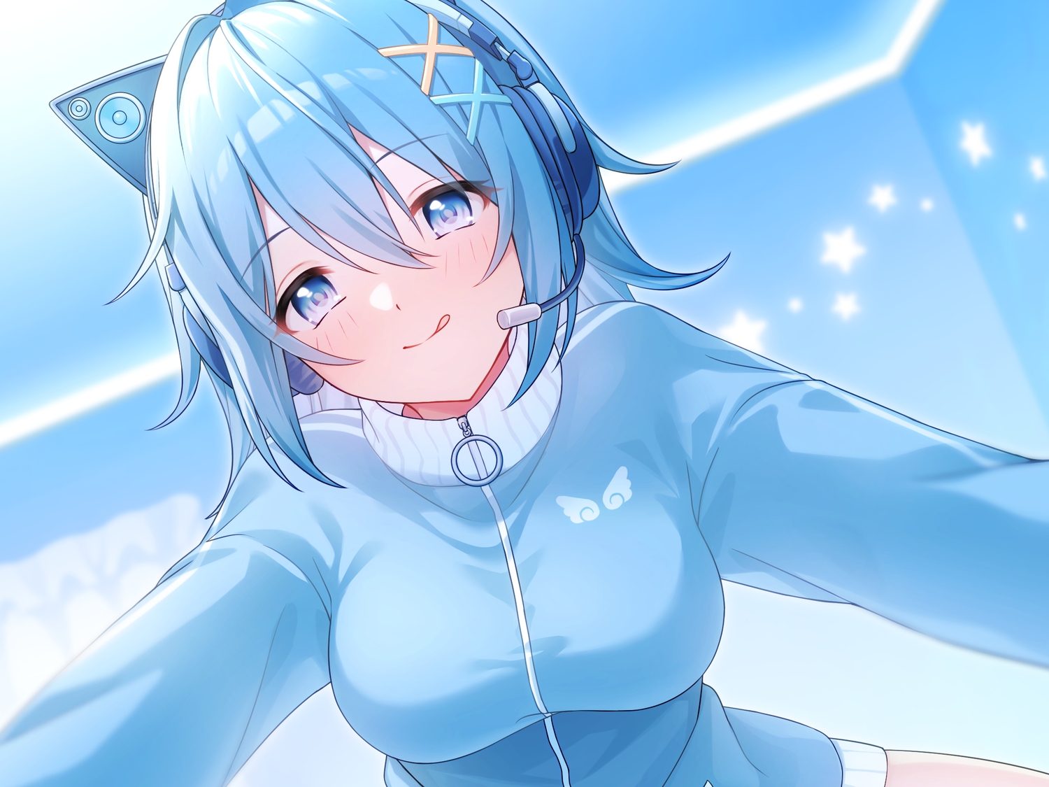 blue_eyes, blue_hair, close, headphones, hio_(hiohio0306), hood, microphone, original