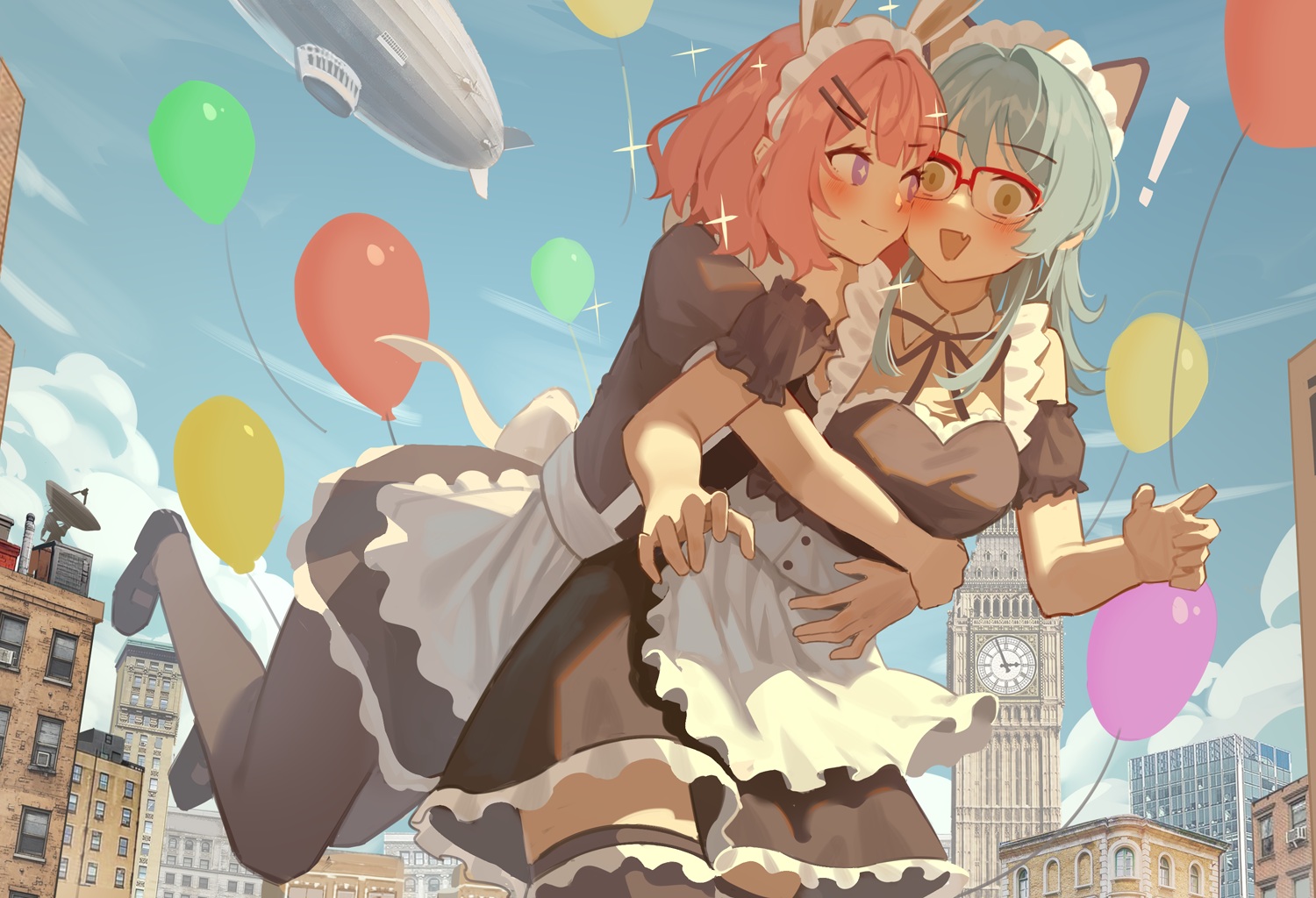 3d, airship, amaori_renako, animal_ears, aqua_hair, blush, bow, brown_eyes