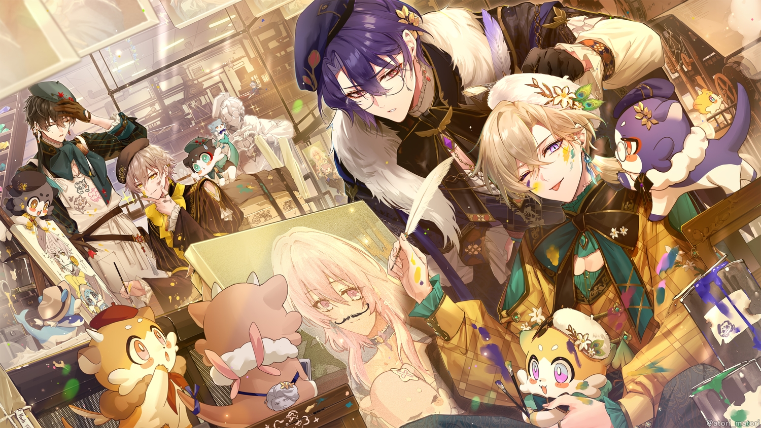 all_male, animal, aventurine_(honkai:_star_rail), black_hair, blonde_hair, caelus_(honkai:_star_rail), dan_heng_(honkai:_star_rail), dr._ratio_(honkai:_star_rail)
