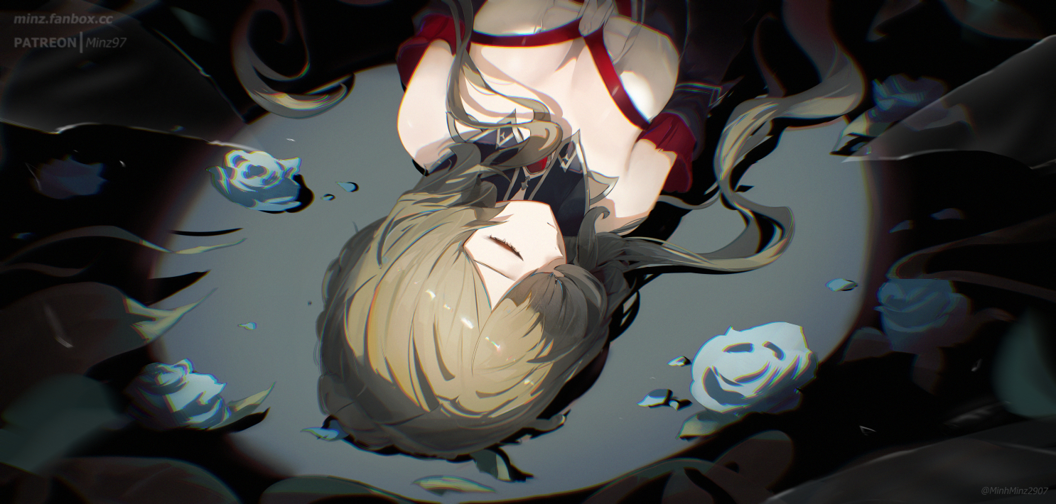 breasts, brown_hair, close, dark, flowers, genshin_impact, long_hair, minz_(minh_nguyen)