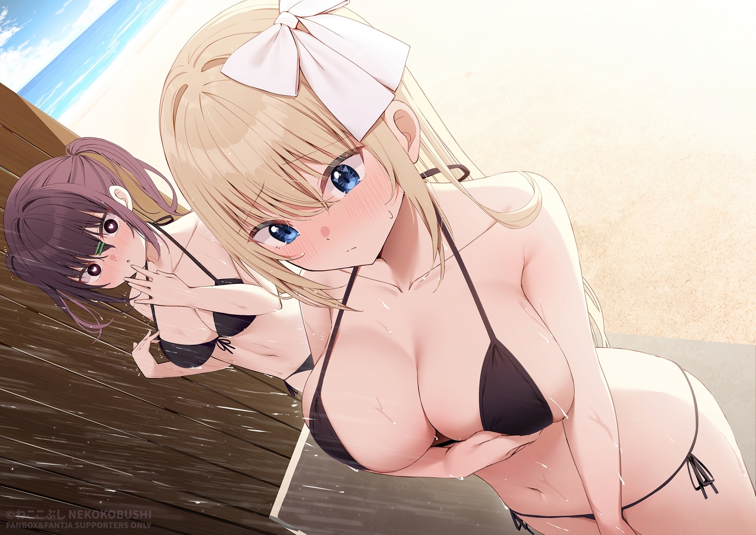2girls, beach, bikini, blonde_hair, blue_eyes, blush, bow, breast_hold