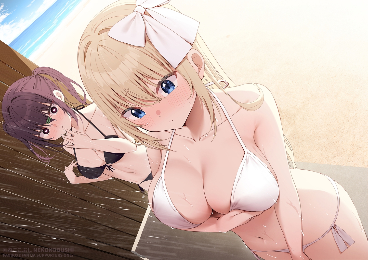 2girls, beach, bikini, blonde_hair, blue_eyes, blush, bow, breast_hold