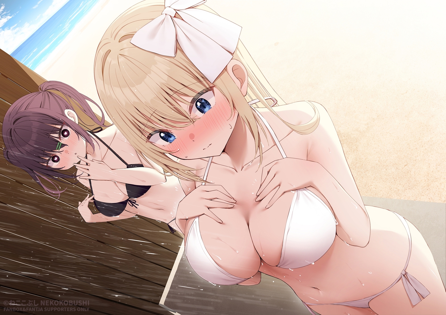 2girls, beach, bikini, blonde_hair, blue_eyes, blush, bow, breast_hold