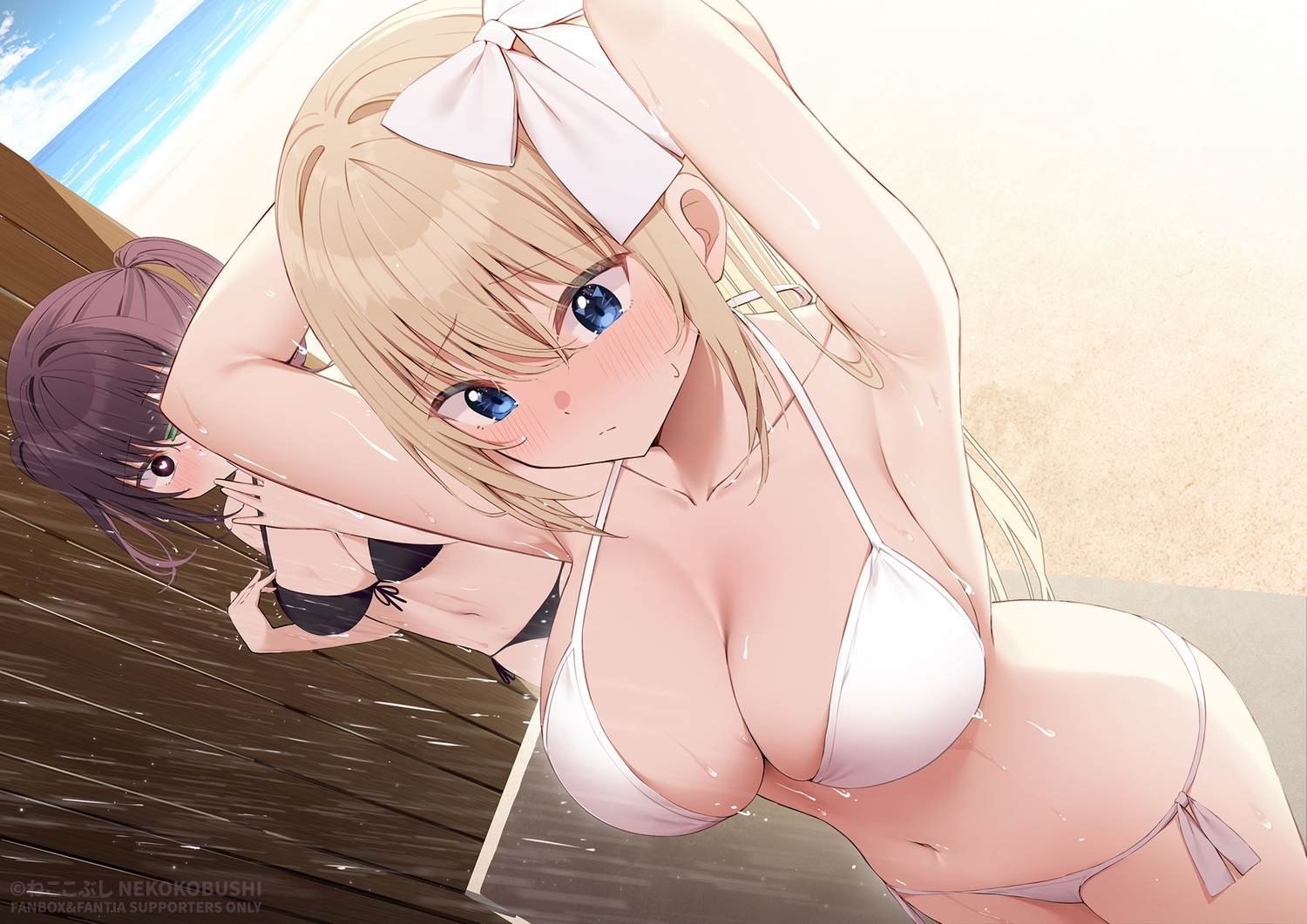 2girls, beach, bikini, blonde_hair, blue_eyes, blush, bow, chinatsu_(nekokobushi), clouds, heart, long_hair, navel, nekokobushi, original, purple_hair, ribbonko-chan, shower, sky, swimsuit, twintails, water, watermark, wet