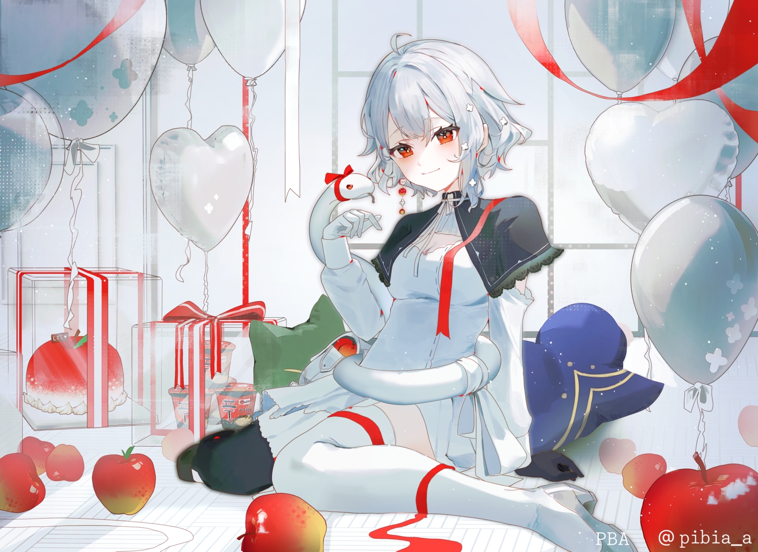 animal, apple, cake, dress, food, fruit, gloves, gray_hair, neo-porte, pba_471, red_eyes, ribbons, shirona_shizuku, short_hair, snake, thighhighs, watermark