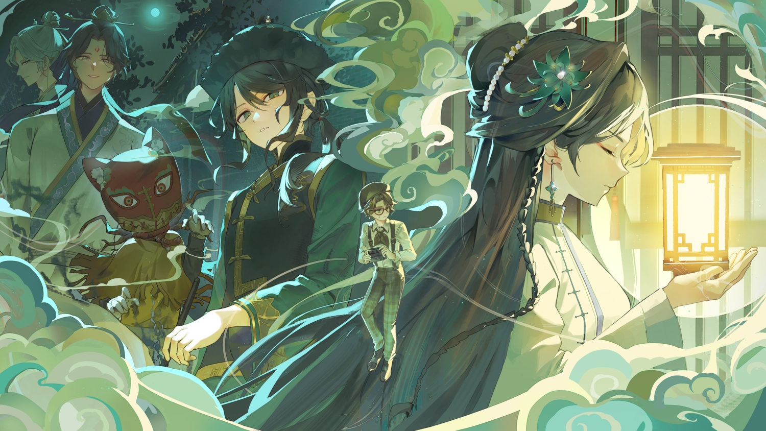 black_hair, braids, brown_hair, camera, chinese_clothes, edgar_valden, fan_wujiu, glasses, gray_hair, green_eyes, group, hat, identity_v, long_hair, lucky_guy, male, mask, pba_471, ponytail, qi_shiyi, robbie_(identity_v), short_hair, xie_bi'an