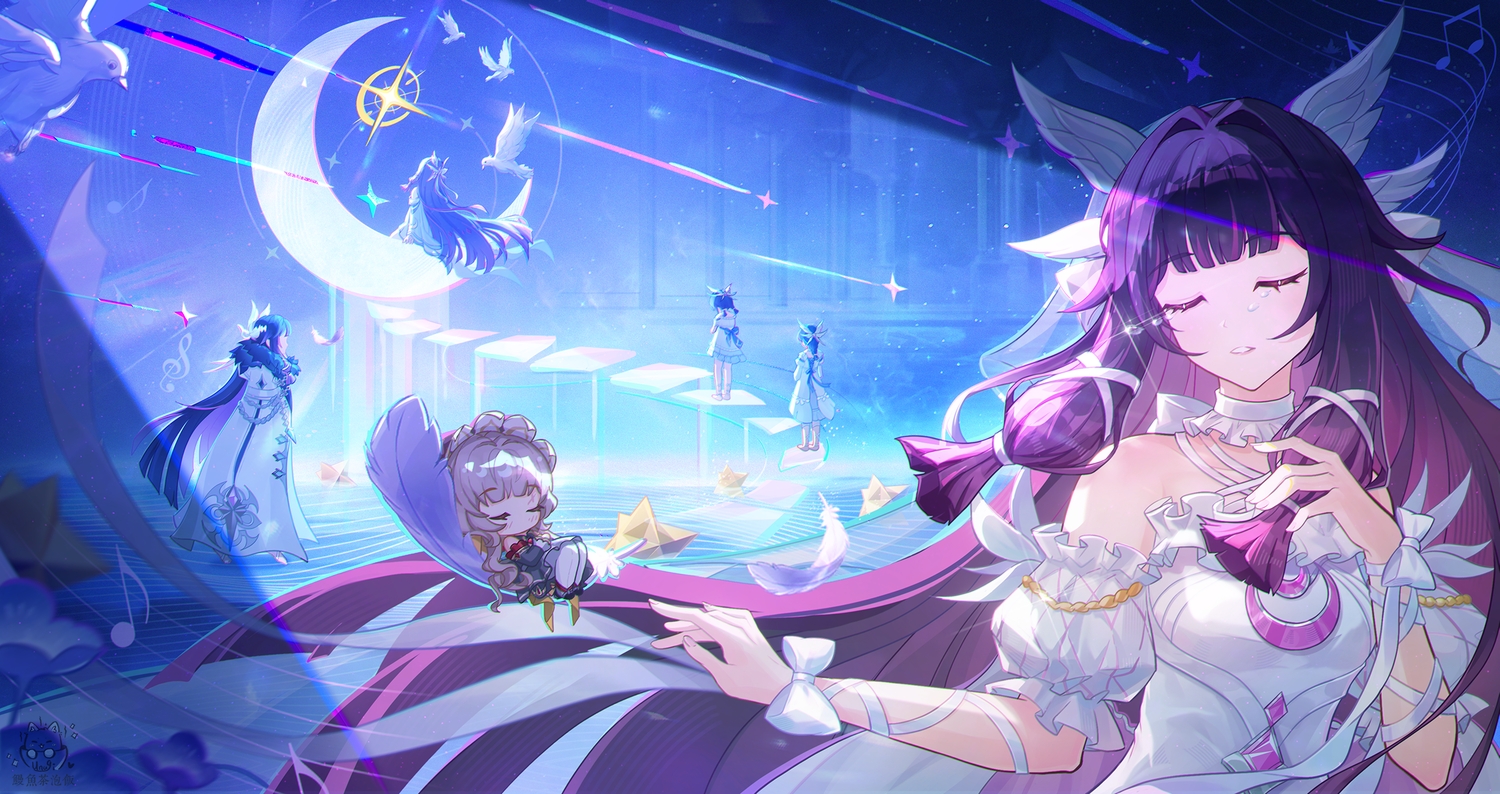 animal, bird, bow, chibi, columbina_(genshin_impact), crying, feathers, genshin_impact, gray_hair, headband, long_hair, manyu_chapaofan, music, ponytail, sandrone_(genshin_impact), stairs, tears, twintails, wings