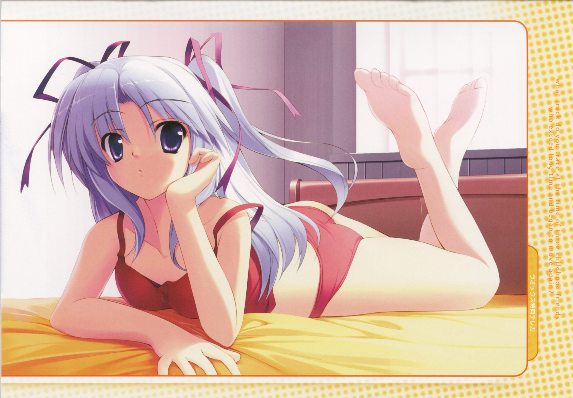 barefoot, bed, colorful_aquarium, kiba_satoshi, long_hair, panties, purple_eyes, purple_hair, ribbons, tagme, underwear