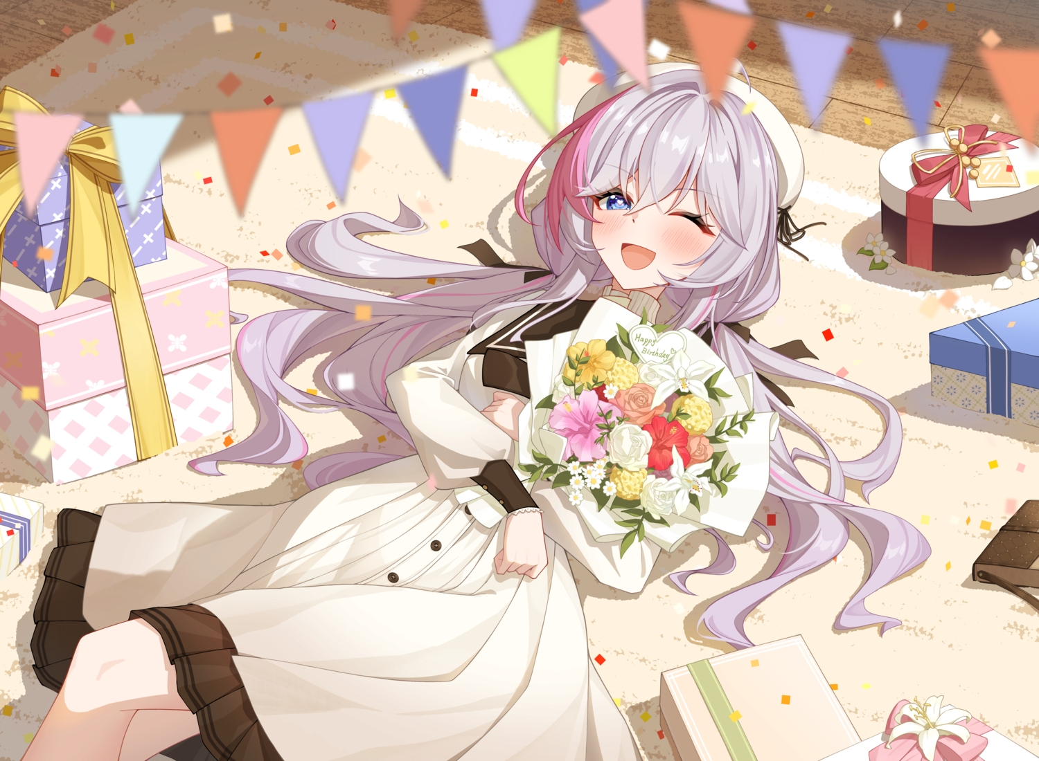 baiyin, blue_eyes, blush, dress, flowers, gray_hair, hat, kanami_(strinova)