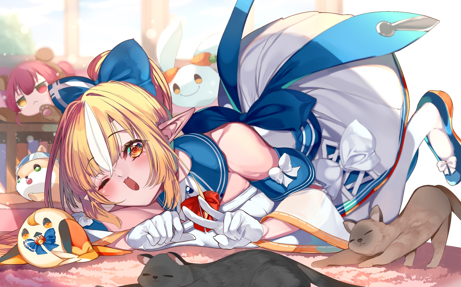 animal, blonde_hair, blush, bow, cat, cat_smile, dress, gloves