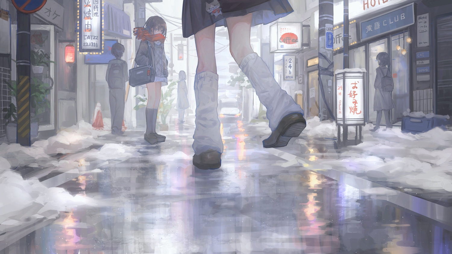 brown_hair, building, catzz, city, kneehighs, original, reflection, scarf