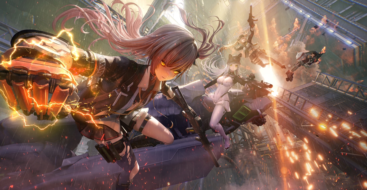3d, brown_hair, fufu, g11_(girls_frontline), garter, girls_frontline, girls_frontline_2, gray_hair, green_eyes, group, gun, hat, hk416_(girls_frontline), klukai_(girls_frontline_2), lenna_(girls_frontline_2), leva_(girls_frontline_2), long_hair, mechty_(girls_frontline_2), navel, ponytail, school_uniform, short_hair, skirt, thighhighs, tie, torn_clothes, twintails, ump-45_(girls_frontline), ump-9_(girls_frontline), weapon, yellow_eyes