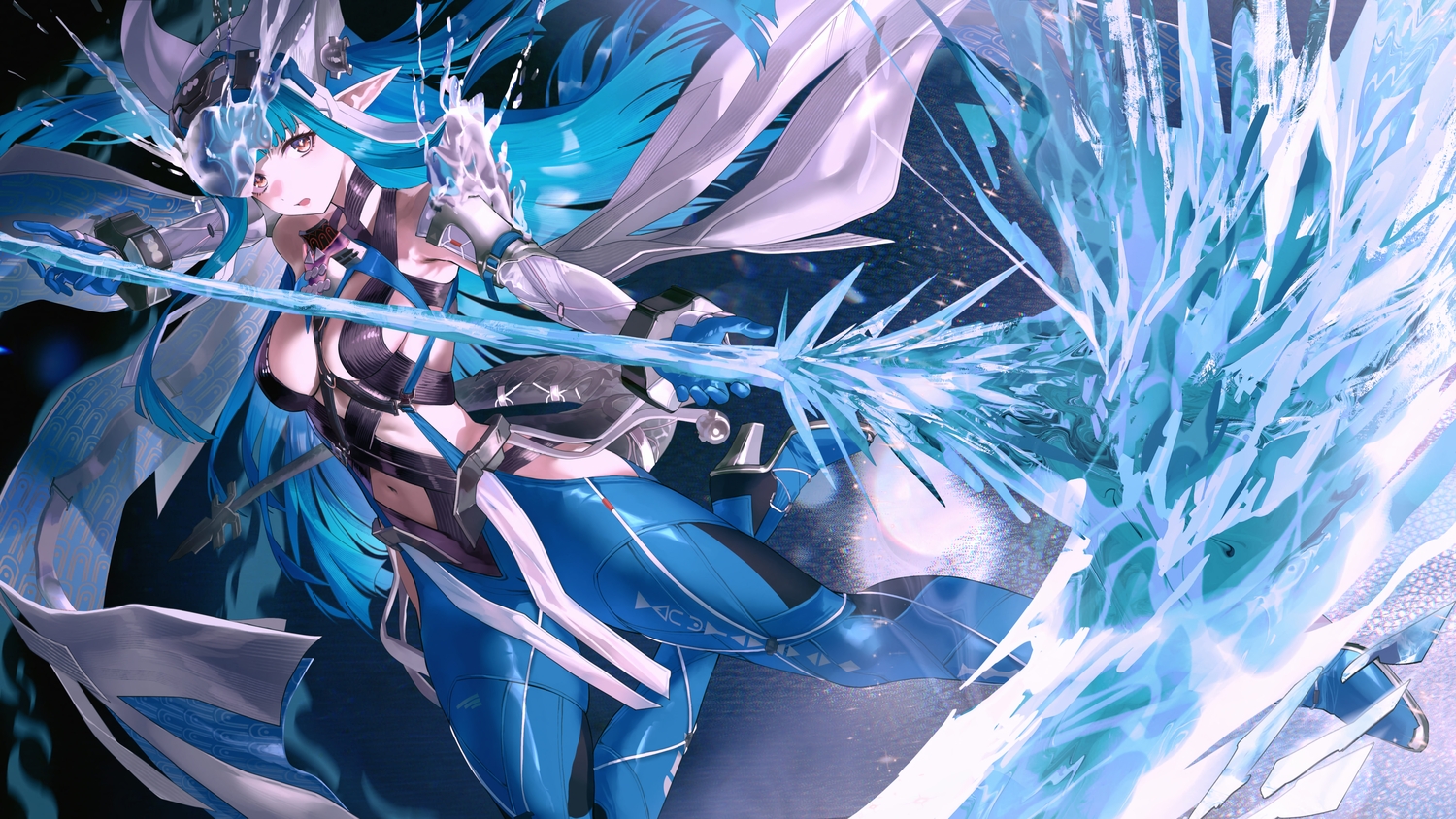aqua_hair, arknights, arknights:_endfield, bodysuit, boots, brown_eyes, gloves, last_rite_(arknights), long_hair, navel, pointed_ears, salmon88, tail, water, weapon