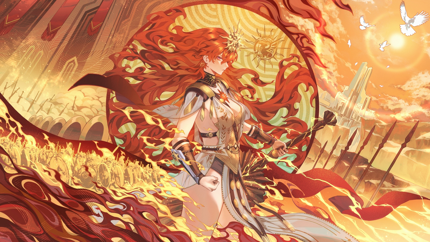 animal, augusta_(wuthering_waves), bird, breasts, building, cleavage, clouds, fire, headdress, long_hair, magic, red_eyes, red_hair, sagi_(sagi_0116), sky, sword, weapon, wristwear, wuthering_waves