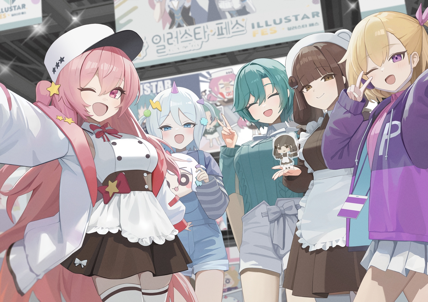 aqua_hair, blonde_hair, blue_eyes, blush, bow, brown_eyes, brown_hair, gray_hair