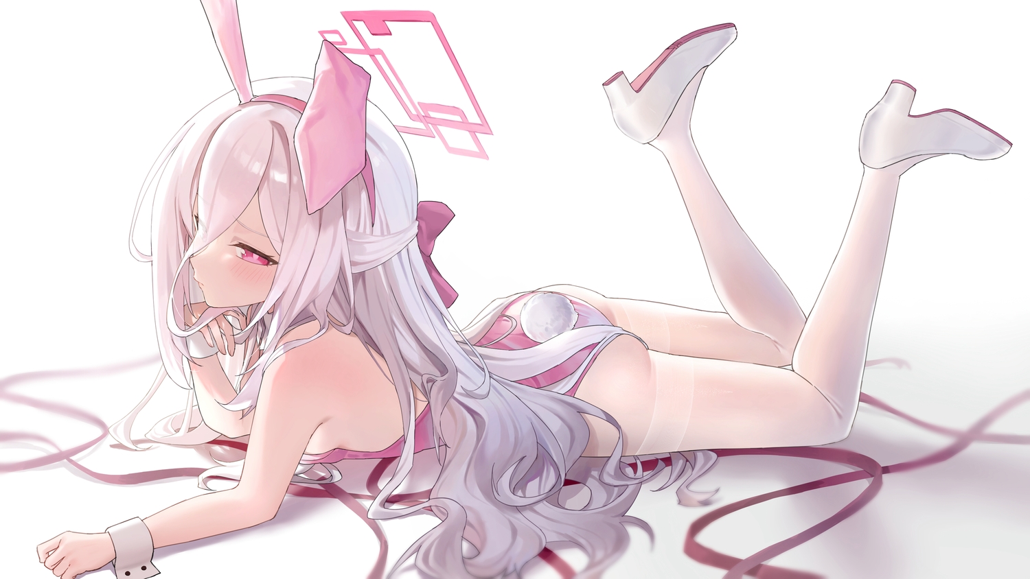 animal_ears, ass, blue_archive, bunny_ears, bunnygirl, halo, headband, kei_(blue_archive), kuro11kii, long_hair, pantyhose, pink_eyes, tail, white, white_hair, wristwear