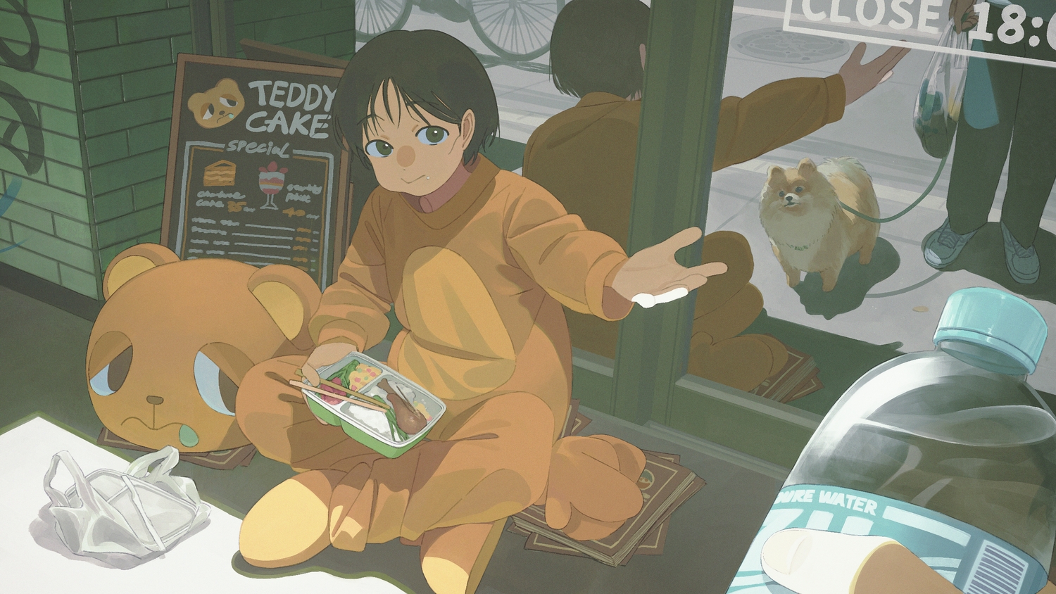animal, black_eyes, black_hair, book, dog, drink, food, jiankun_yu, original, reflection, shade, short_hair
