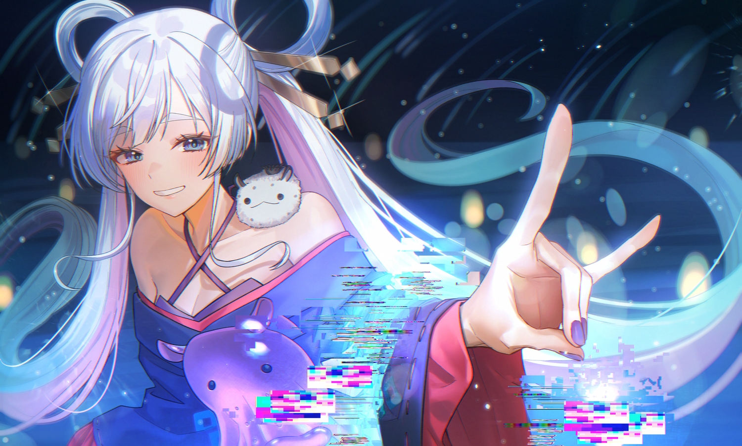 blue_eyes, blush, breasts, cho_kaguya-hime!, cleavage, close, fushi_(cho_kaguya-hime!), japanese_clothes