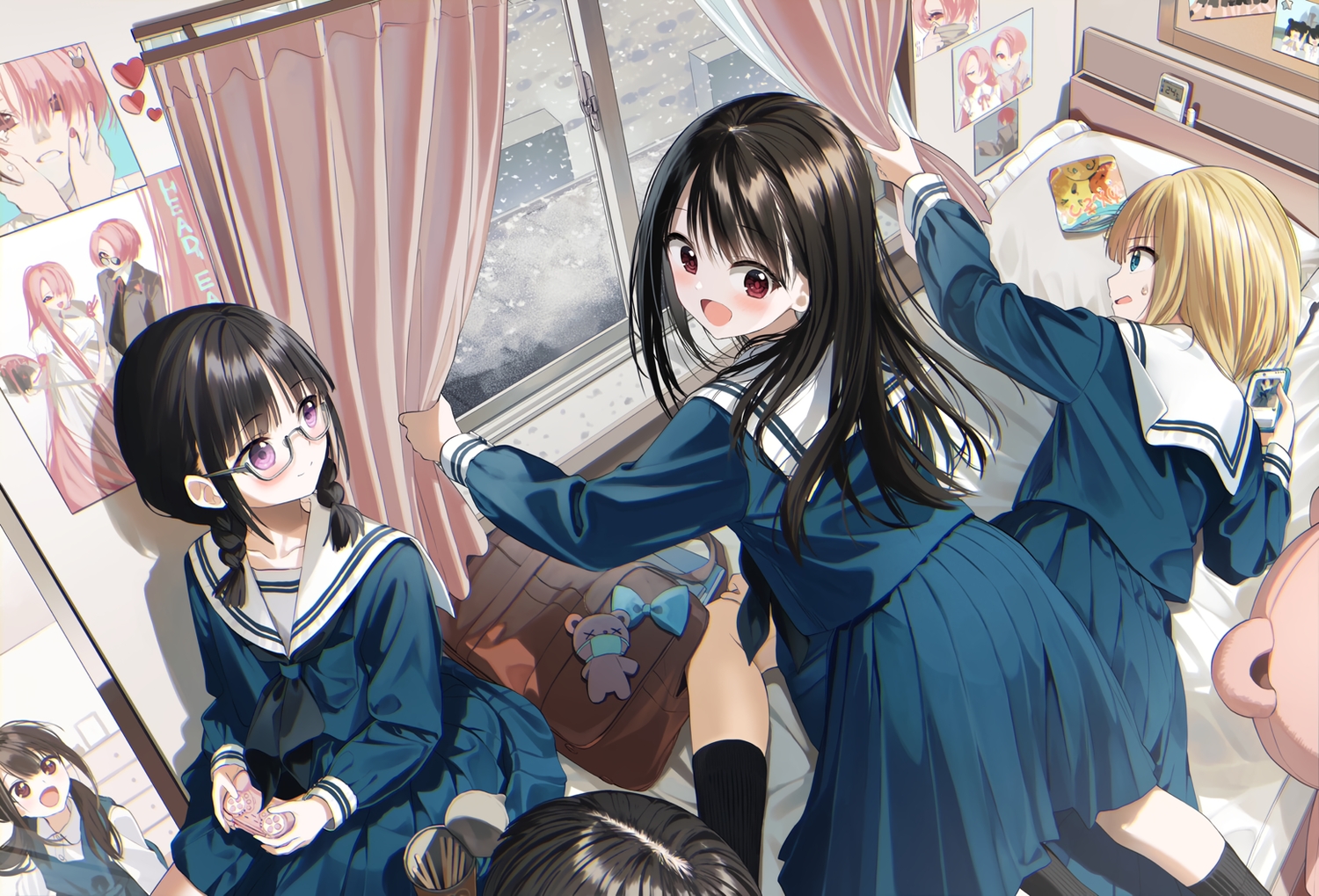 aqua_eyes, bed, black_hair, blonde_hair, braids, food, game_console, glasses