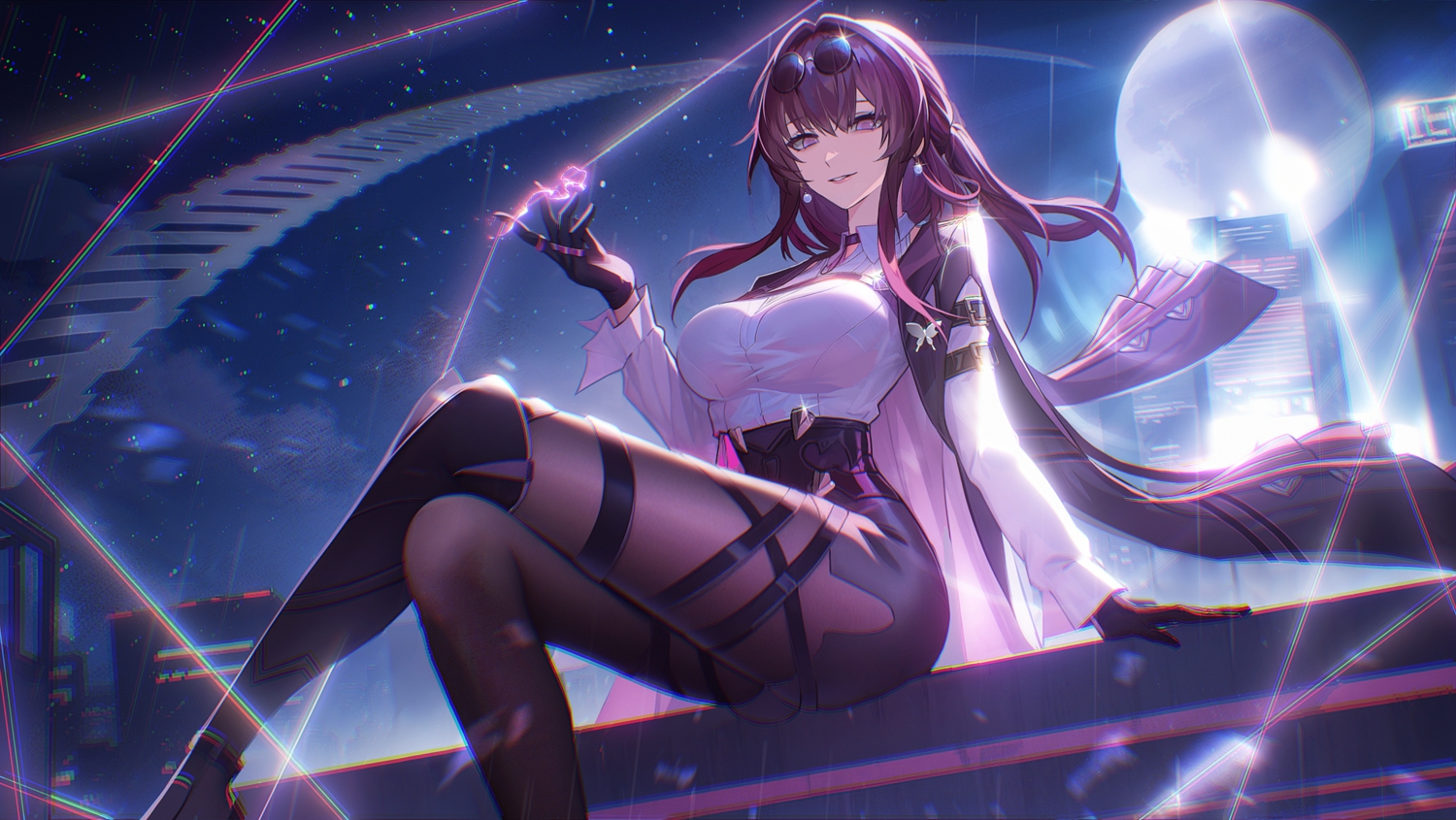 boots, building, cape, diudiulang, garter, gloves, honkai_(series), honkai:_star_rail, kafka_(honkai:_star_rail), long_hair, magic, moon, night, pantyhose, purple_eyes, purple_hair, shirt, skirt, sky, sunglasses