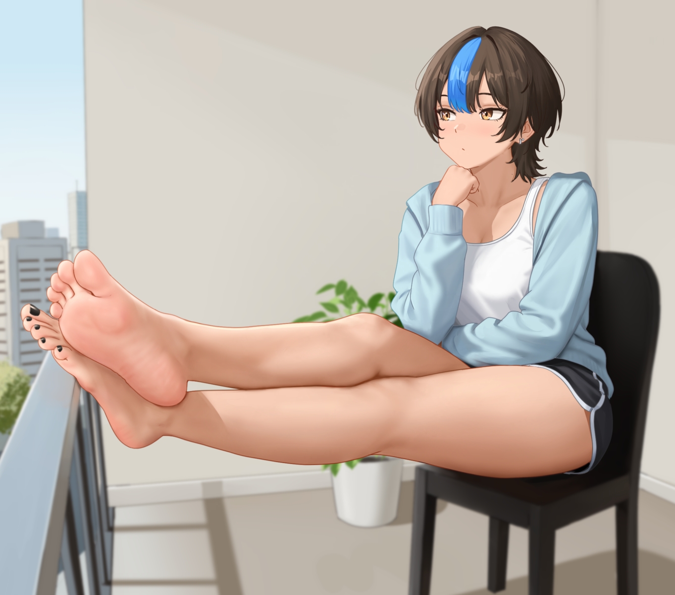 barefoot, brown_hair, building, city, nihu, original, shiragi_(nihu), short_hair