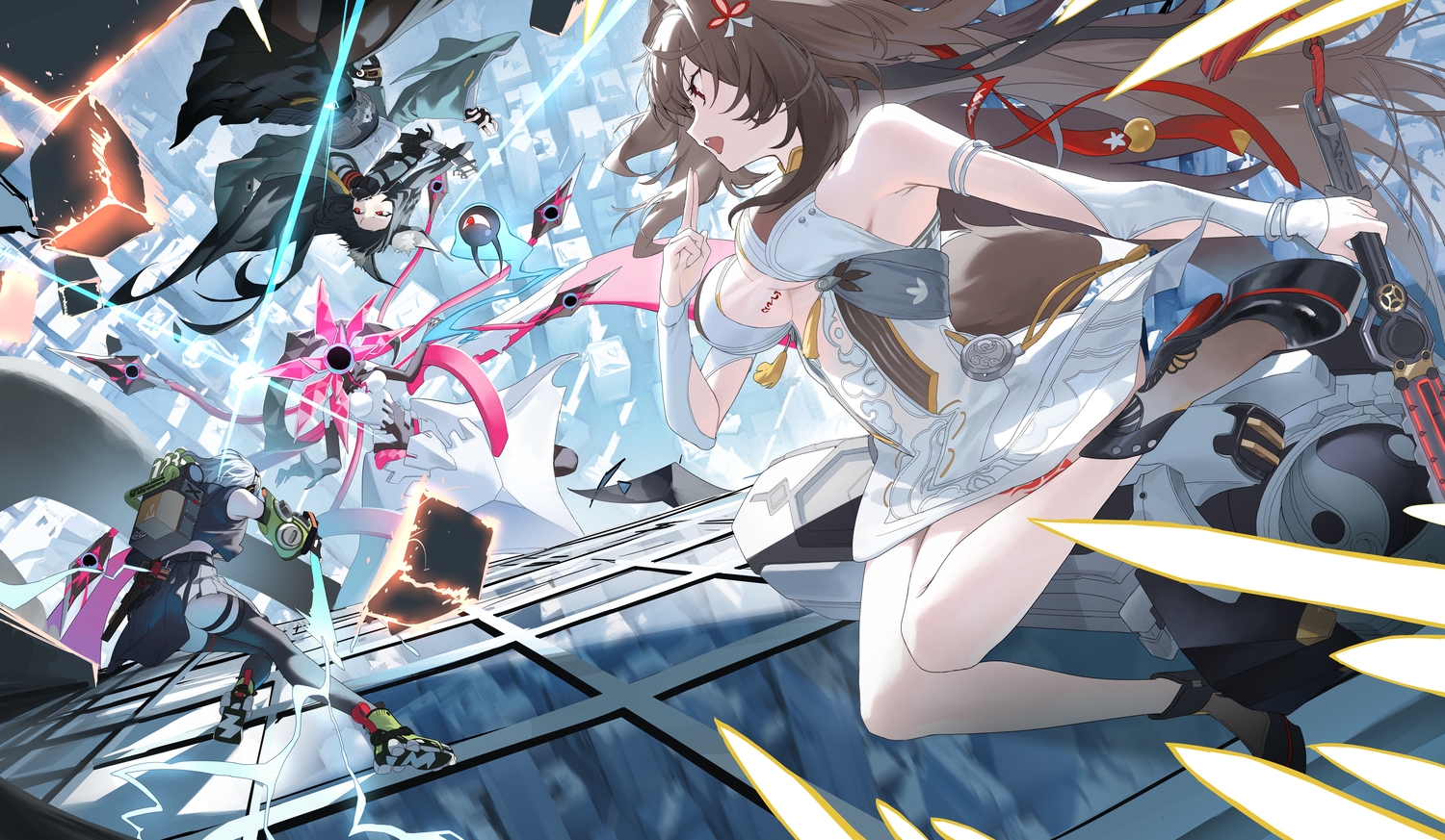 anby_demara, animal_ears, black_hair, breasts, brown_hair, building, city, cleavage