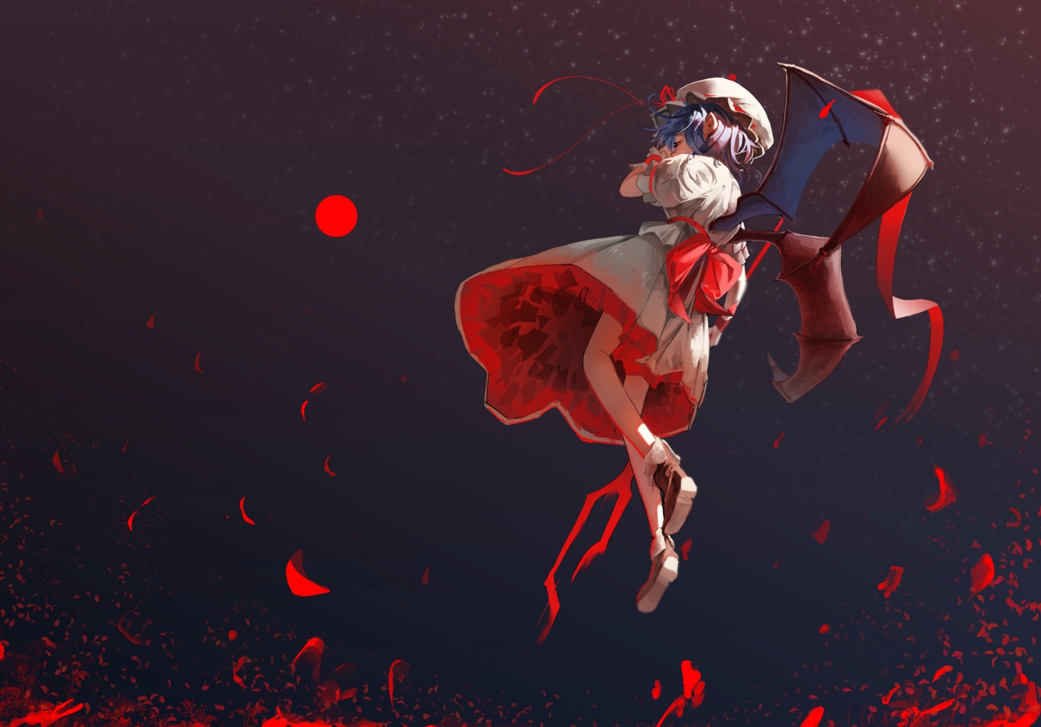 blue_hair, boots, bow, dress, hat, moon, petals, remilia_scarlet, short_hair, snoeflaefk, spear, touhou, vampire, weapon, wings, wristwear