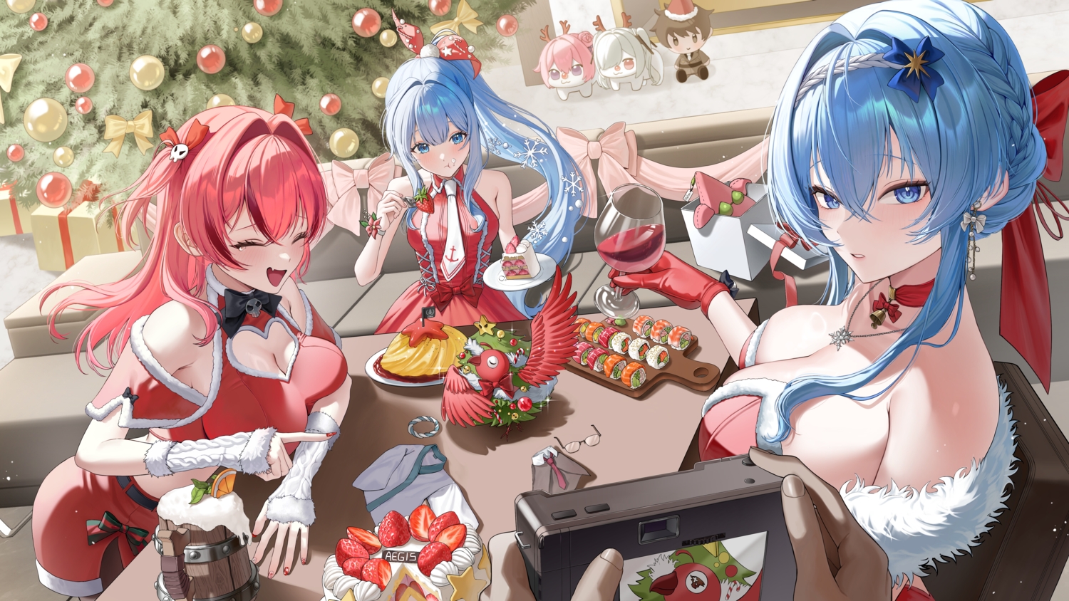 anchor_(nikke), animal, bell, bird, blue_eyes, blue_hair, blush, bow