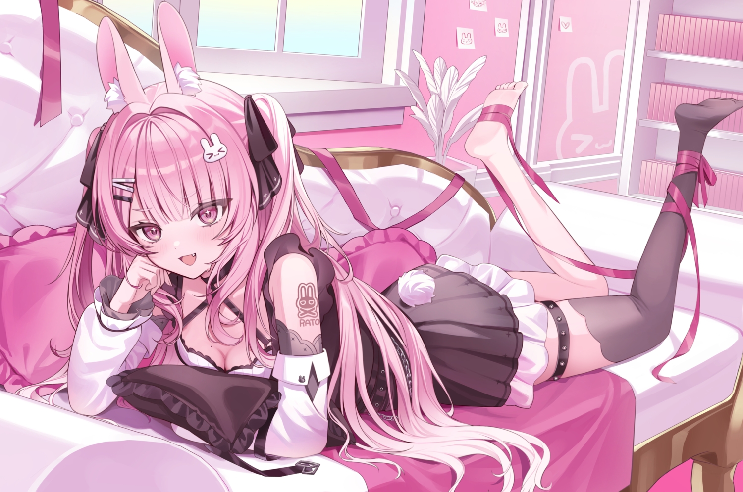 animal_ears, barefoot, blush, bow, breasts, bunny_ears, bunnygirl, cat_smile, cleavage, couch, dress, fang, garter, long_hair, noraneco117, original, pink, pink_eyes, pink_hair, ribbons, signed, tail, thighhighs, twintails