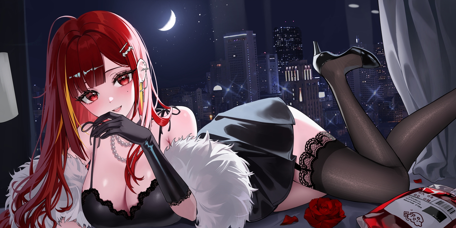 akane_lize, blood, breasts, building, city, cleavage, dress, elbow_gloves, flowers, garter_belt, gloves, long_hair, mella_(mell_a12), moon, necklace, night, red_eyes, red_hair, rose, sky, stellive, stockings