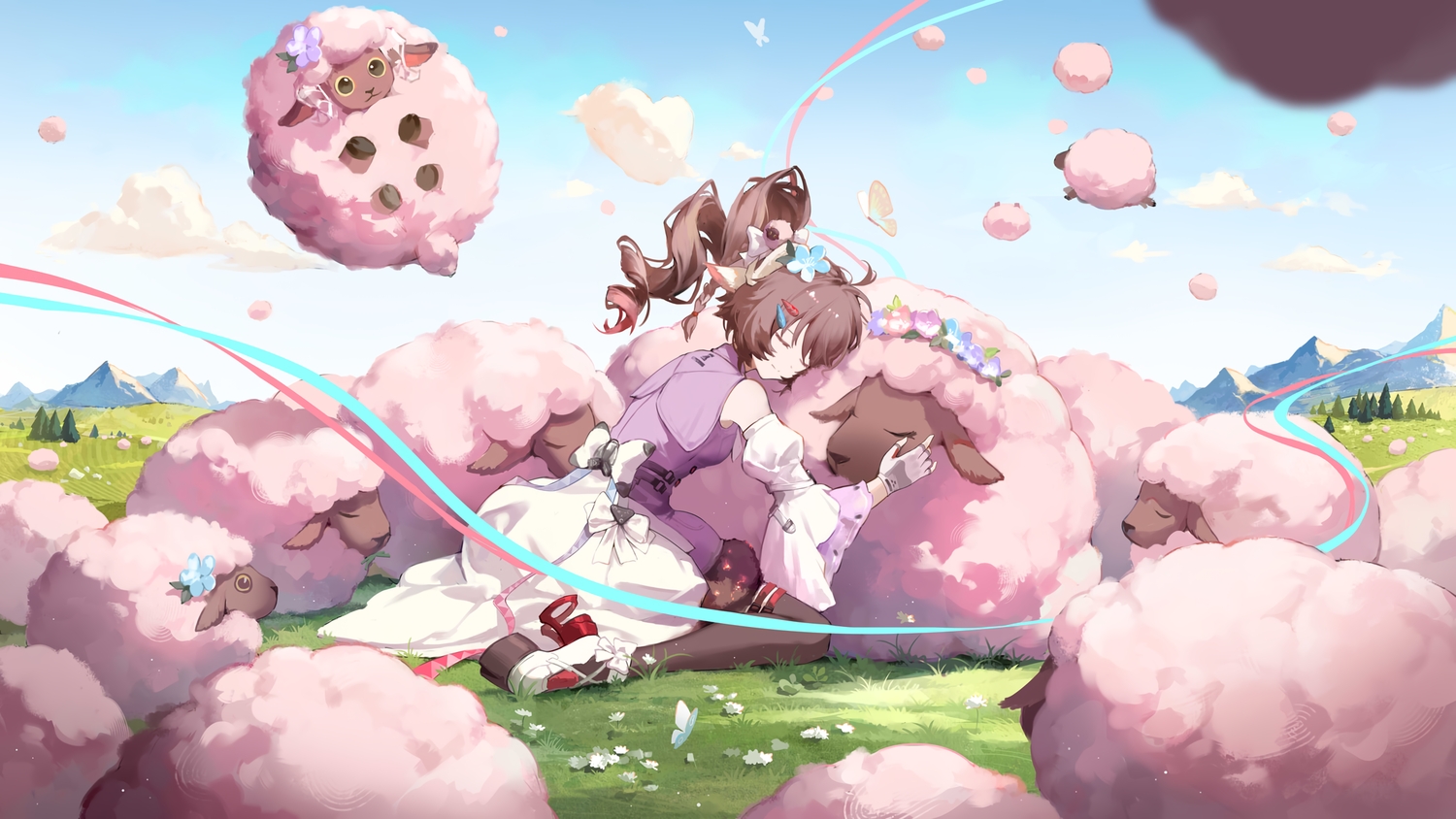 animal, animal_ears, arknights, braids, brown_hair, butterfly, clouds, dress