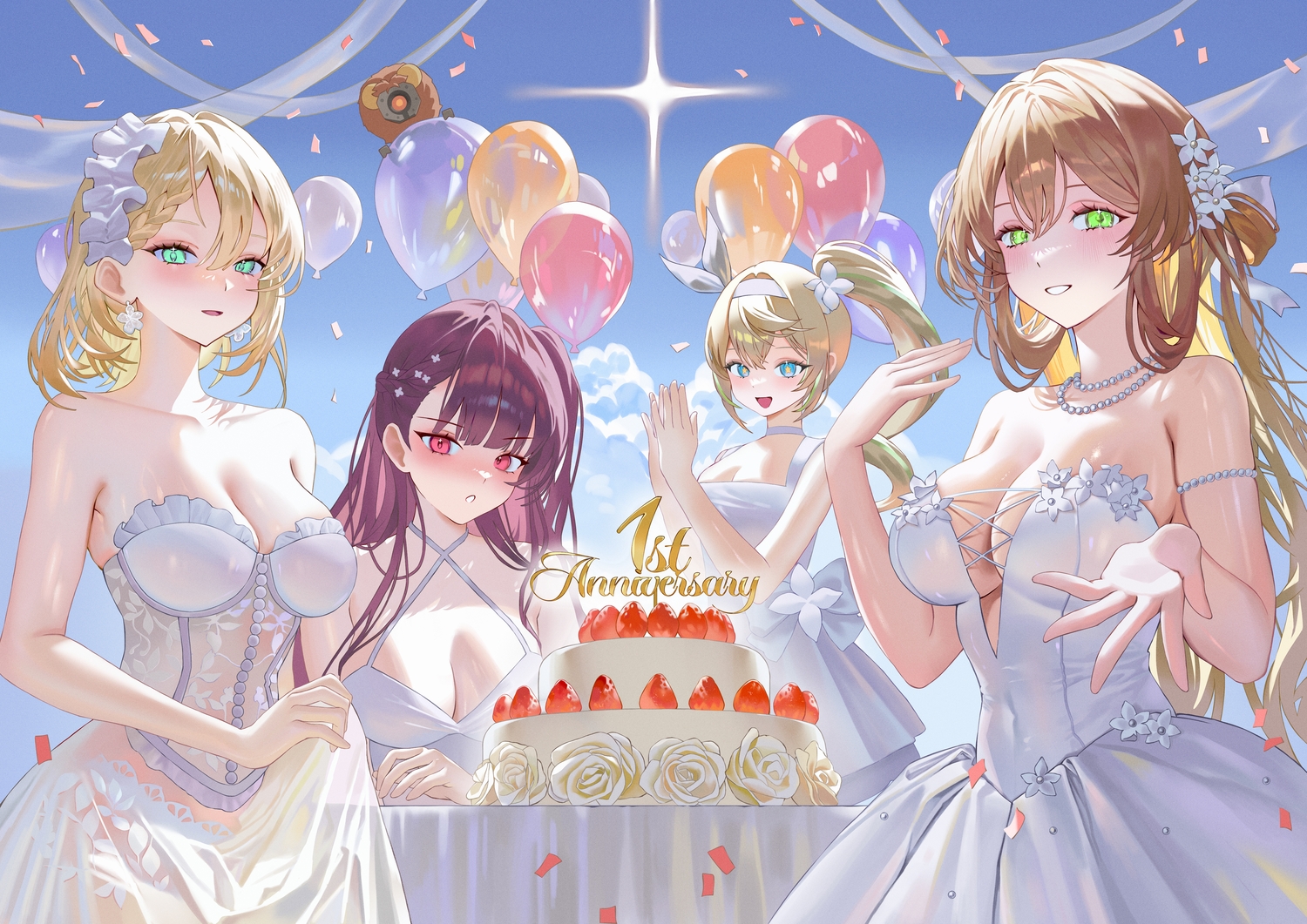 aqua_eyes, blonde_hair, blue_eyes, blush, braids, brown_hair, cake, centaureissi_(girls_frontline_2), dress, food, fruit, g36_(girls_frontline), girls_frontline, girls_frontline_2, green_eyes, group, headband, lilovitt, long_hair, makiatto_(girls_frontline_2), necklace, petals, ponytail, purple_hair, red_eyes, ribbons, see_through, sharkry_(girls_frontline_2), springfield_(girls_frontline), strawberry, wa2000_(girls_frontline)