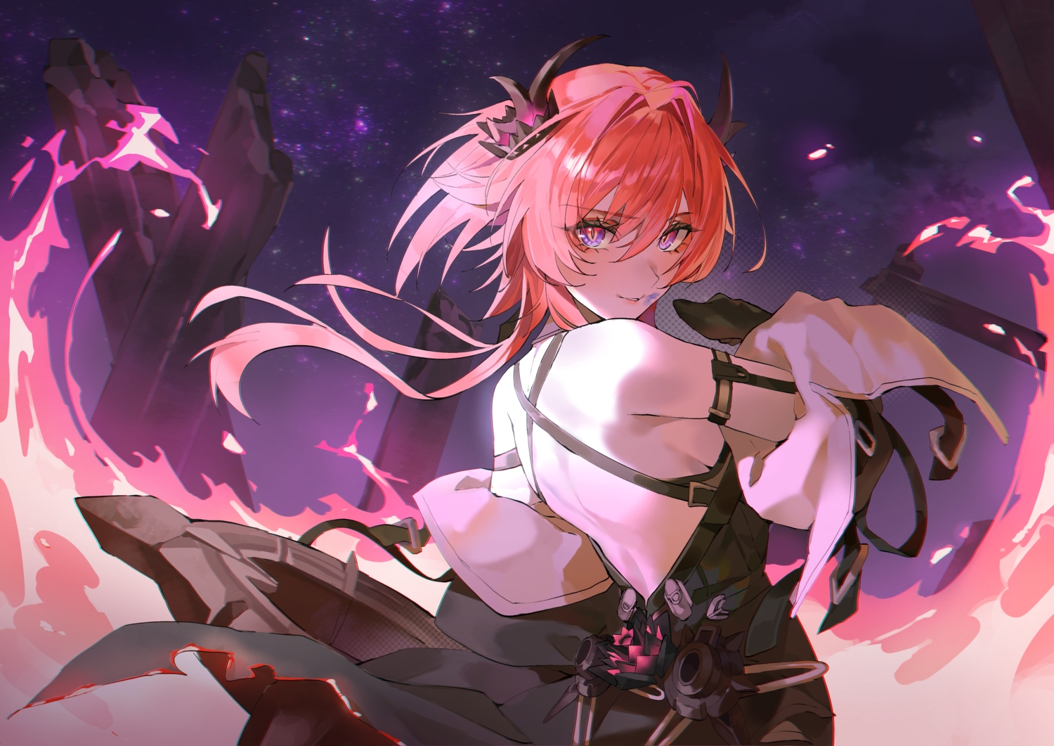 arknights, arknights:_endfield, fire, gloves, horns, laevatein_(arknights), long_hair, okinairis, purple_eyes, red_hair, sky, stars, torn_clothes