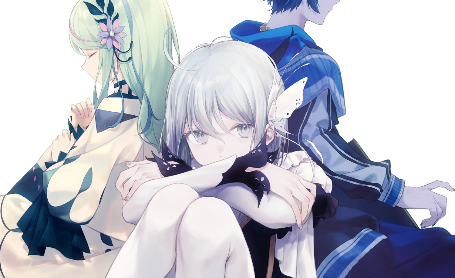 blue_hair, cape, choker, ciel_(kamitsubaki_studio), close, daisi_gi, gray_eyes, gray_hair