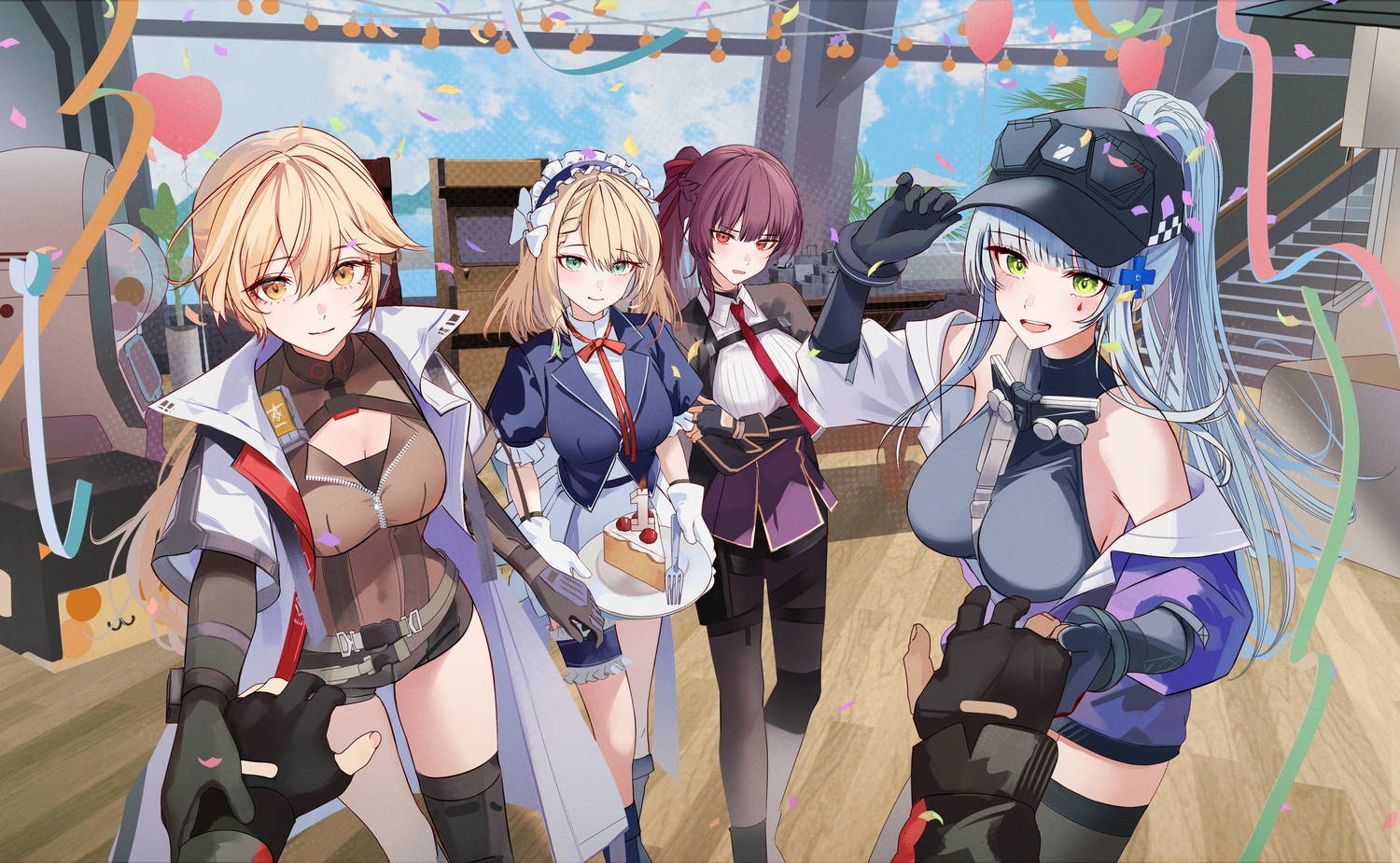 blonde_hair, blush, boots, bow, braids, cake, centaureissi_(girls_frontline_2), clouds