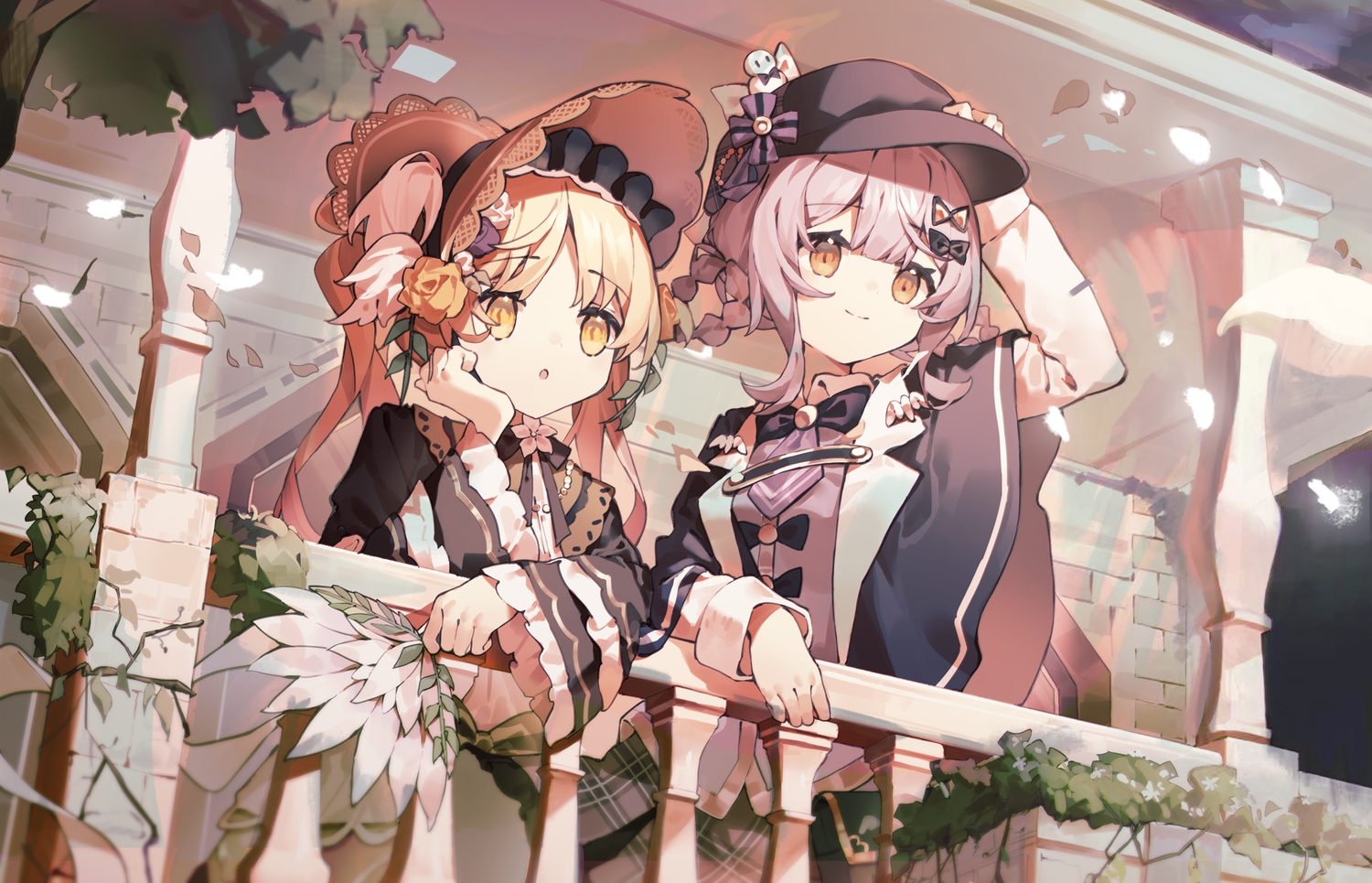 2girls, blonde_hair, bow, braids, brown_eyes, building, cape, dress