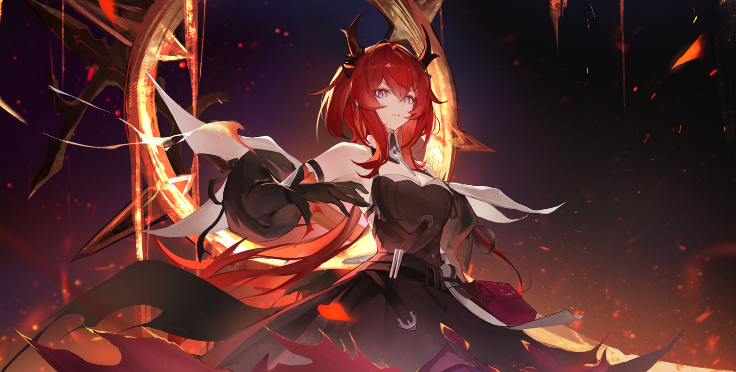 arknights, arknights:_endfield, breasts, cleavage, dress, fire, gloves, horns, jiang_zhuti_jiojio, laevatein_(arknights), long_hair, magic, purple_eyes, red_hair, surtr_(arknights), torn_clothes