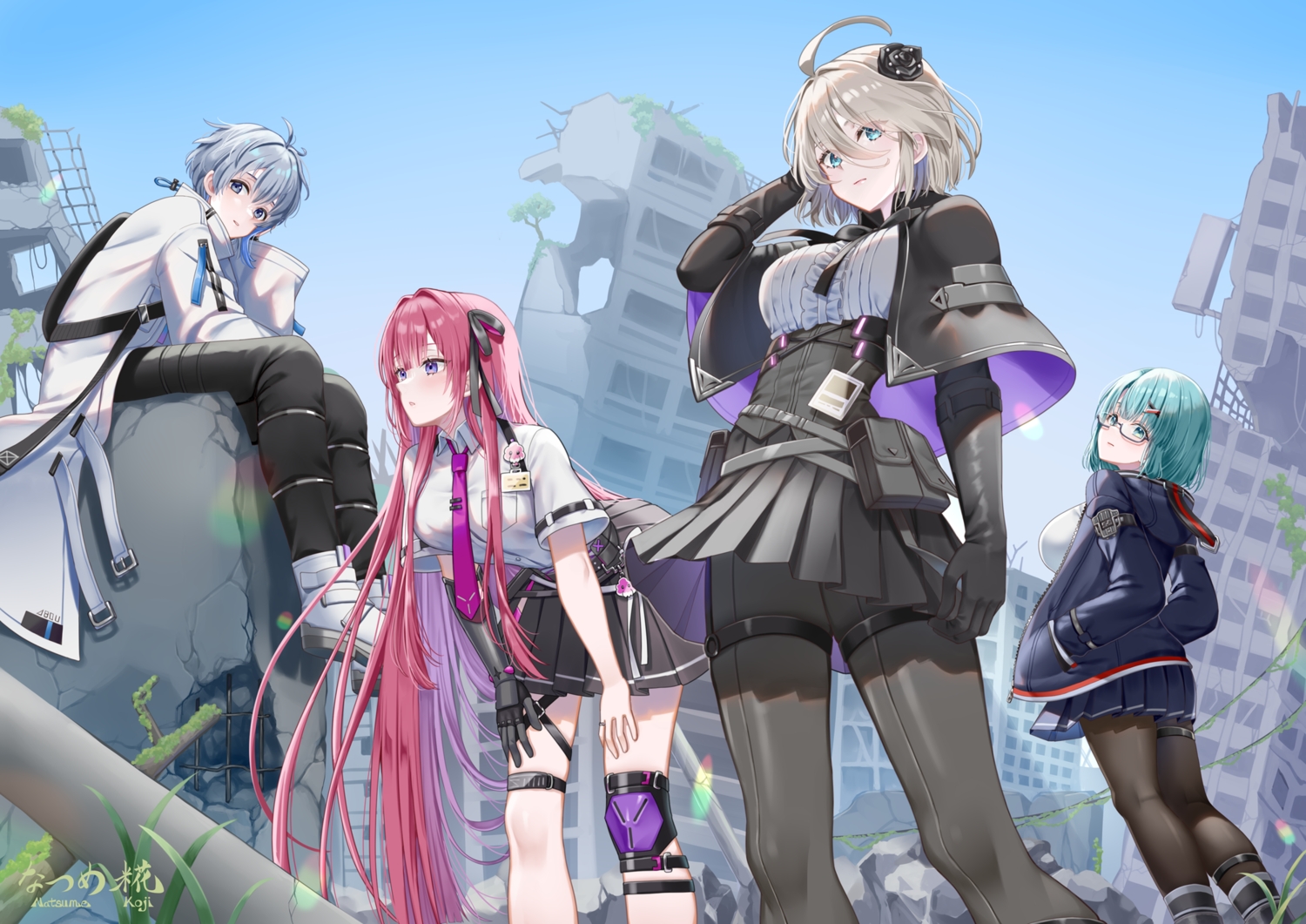 aqua_eyes, aqua_hair, blue_eyes, building, cape, chaos_zero_nightmare, elbow_gloves, garter, glasses, gloves, grass, gray_hair, group, long_hair, male, mika_(chaos_zero_nightmare), natsume_koji, owen_(chaos_zero_nightmare), pantyhose, pink_hair, purple_eyes, rei_(chaos_zero_nightmare), renoa_(chaos_zero_nightmare), ruins, school_uniform, short_hair, skirt, sky, tie, watermark