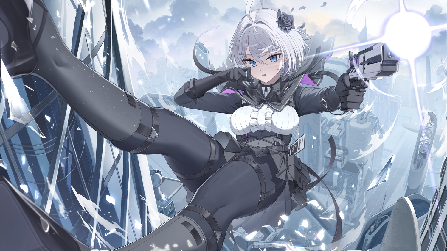 aliasing, blue_eyes, building, cape, chaos_zero_nightmare, city, flowers, garter