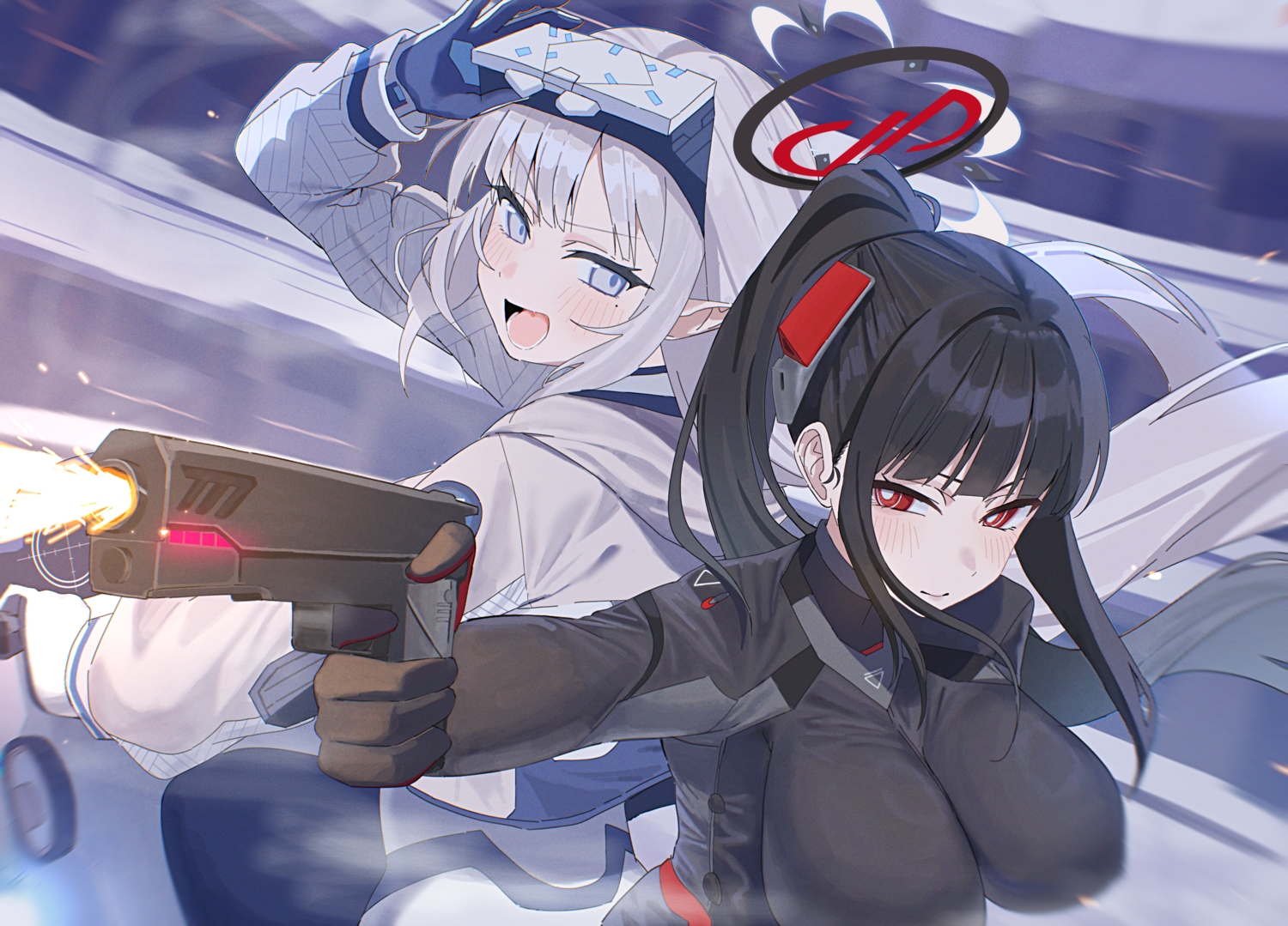 2girls, akeboshi_himari, black_hair, blue_archive, blush, bodysuit, close, gloves, gray_hair, gun, halo, kashio_(92984798), long_hair, pointed_ears, ponytail, purple_eyes, red_eyes, tsukatsuki_rio, weapon