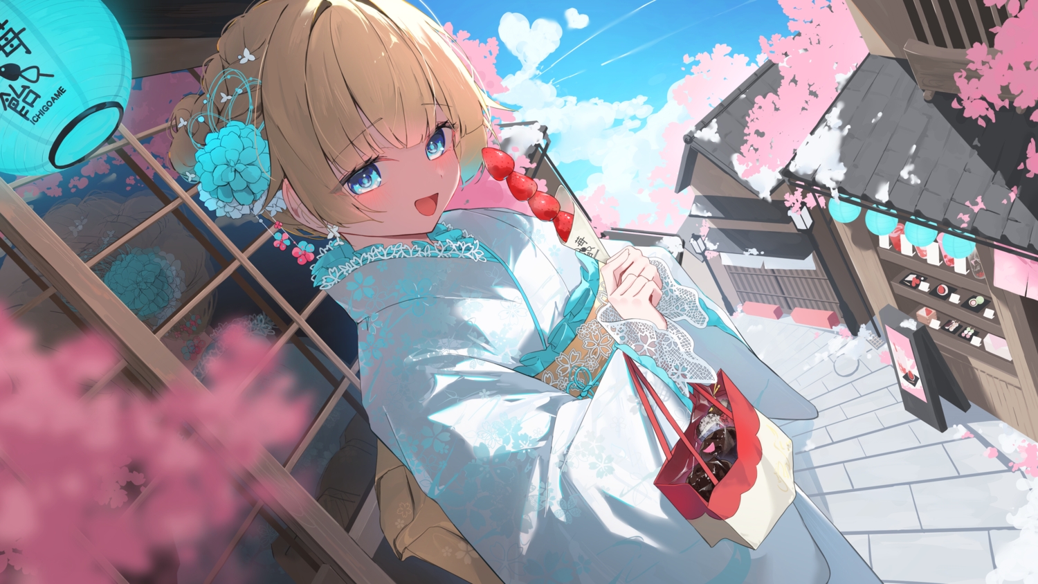 aizawa_ema, aqua_eyes, blonde_hair, building, chisei259, clouds, food, fruit