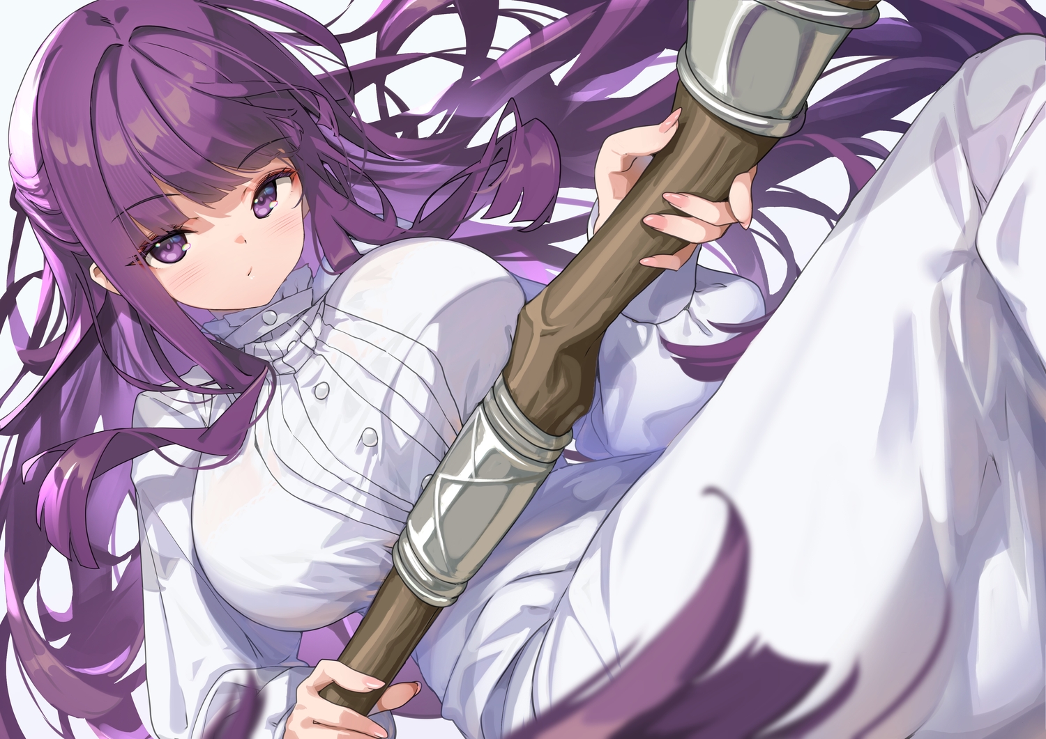 blush, dress, fern_(sousou_no_frieren), hong_(white_spider), long_hair, purple_eyes, purple_hair, sousou_no_frieren