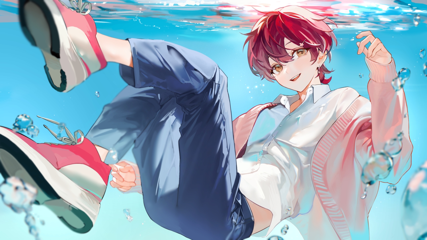 all_male, brown_eyes, bubbles, indie_virtual_youtuber, male, nxmly, red_hair, shirt, short_hair, tagme_(character), underwater, water